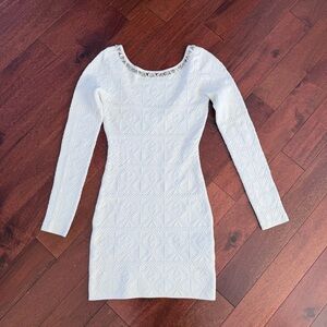 Guess Off White Knit Dress wTriangle Stud Detail Bodycon XXS Stretchy Scoop Back